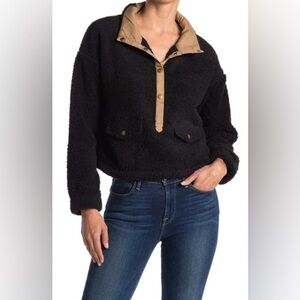 NWT Olivia Sky Faux Shearling Henley Crop Pullover In Black W/ Tan Collar